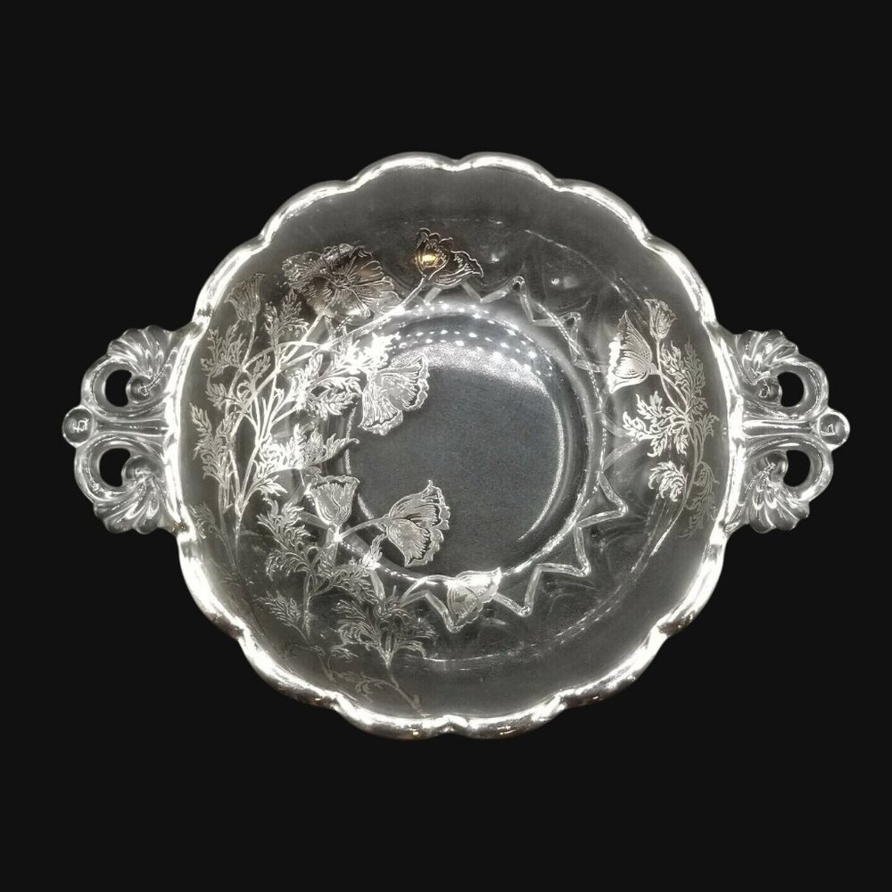 Sterling Silver Floral Overlay Glass Candy Dish Scalloped 2 Reticulated Handles